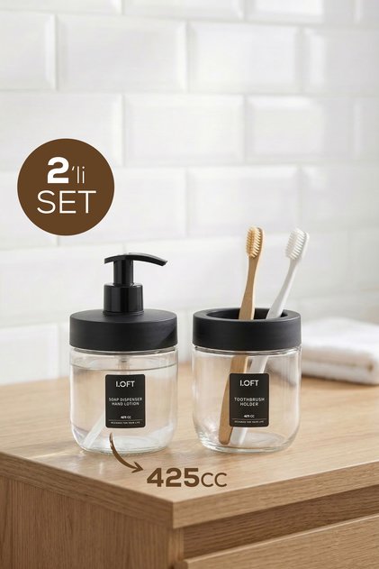 2-Piece Glass Bathroom Set Black | 425 Cc Liquid Soap Dispenser and Toothbrush Holder - Decorative Bathroom Accessory