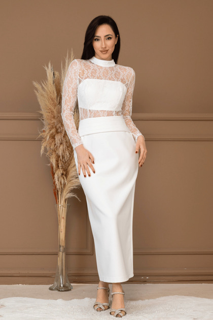 Atlas Fabric Lace Detailed Dress - White