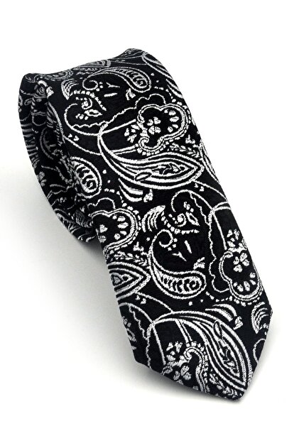 Gray Shawl Patterned Black Woven Fabric Handkerchiefs Slim Fit Ties // Sdk-2607-1