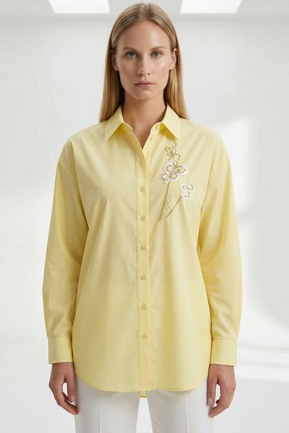 Shirt Collar Long Sleeve Cuffed Embroidered Regular Shirt