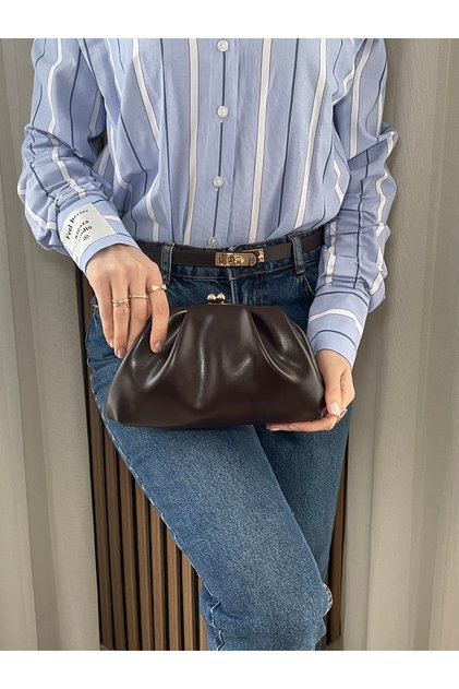 Women's Brown Leather Look Clutch Bag - Stylish Hand and Party Bag with Gold Buckle Detail