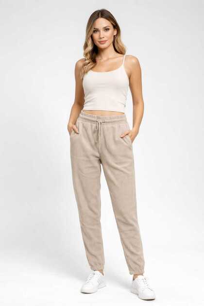 Bej Fitilli Kadife Jogger Pantolon Beli Lastikli Cepli Rahat Kesim