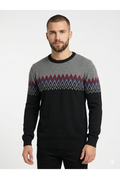 Men's Navy Blue Gray Diamond Patterned Wool Blend Slim Fit Crew Neck Sweater