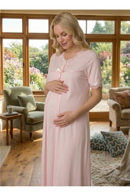 New Season Pink Maternity Summer V-Neck Buttoned Stylish Lace Detailed Full Length %100 Cotton Short Sleeve Nightgown