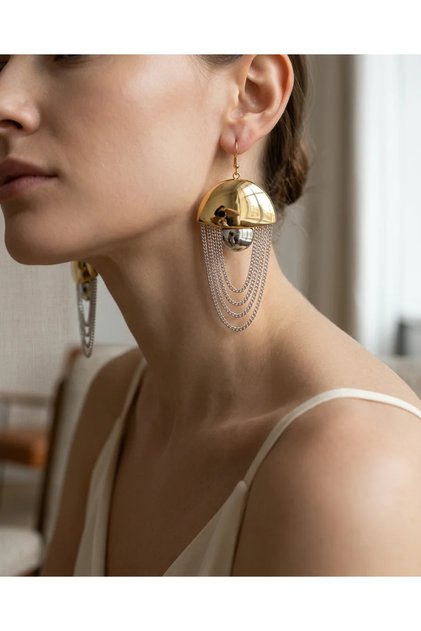 Brass Women's Earrings Gold Color Mushroom Model Dangle Chain Vintage Women's Earrings