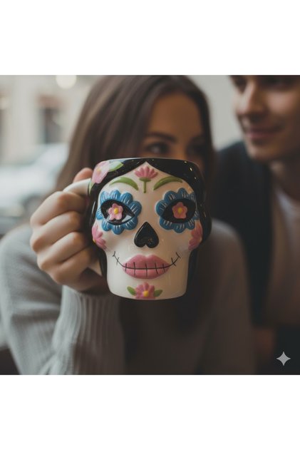 Sugar Skull Tasarımlı 3D Figürlü Porselen Kupa – Özel Tasarım Sanatsal İçecek Bardağı