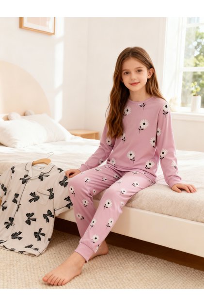 Girls Pink Daisy Print T-Shirt and Pyjama Set