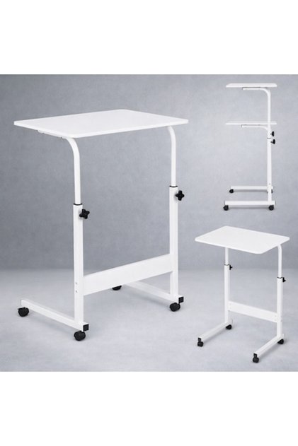 Birou mobil pentru laptop, alb, reglabil înălțime 65–89 cm, cu roți și sistem de blocare, blat din MDF, metal