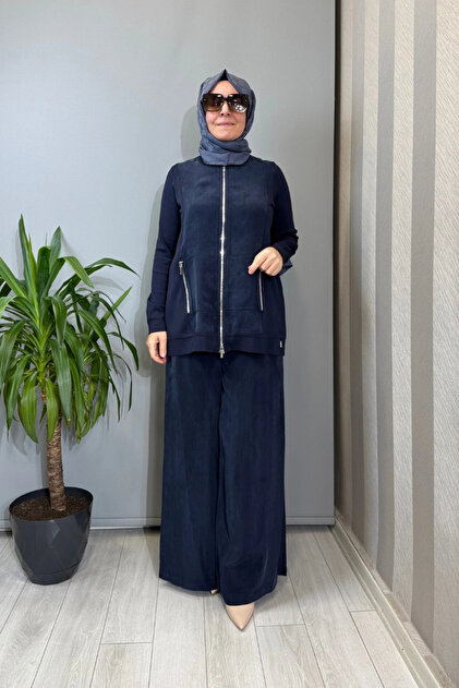 MISS DALIDA Fermuarlı Cupro Detaylı Triko Ceket Lacivert T26Y-8203
