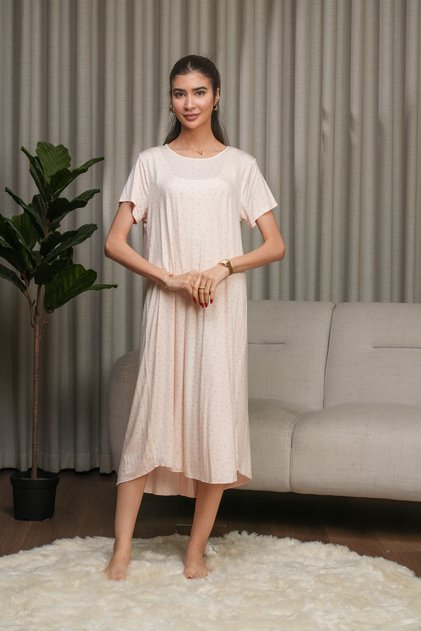 Soft house dress with a small rose pattern