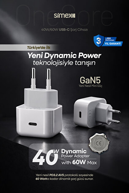 Simex 40W GaN5 Dynamic Power USB-C Hızlı Şarj Adaptörü 60W Max PD