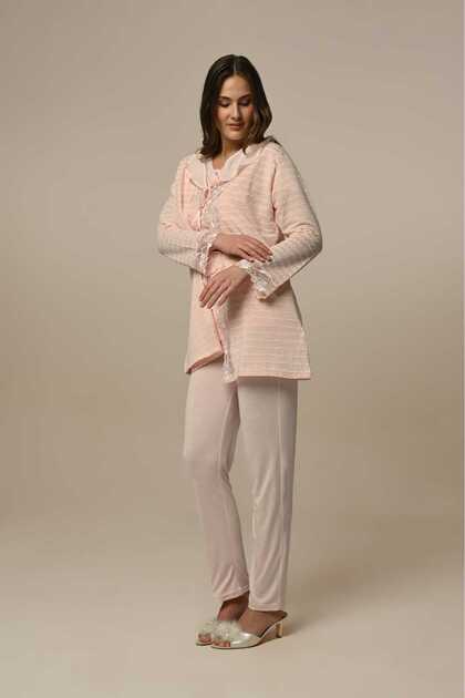 New Season Powder Maternity Summer Stylish Lace Detailed Buttoned Short Sleeve Dressing Gown Pajama Set