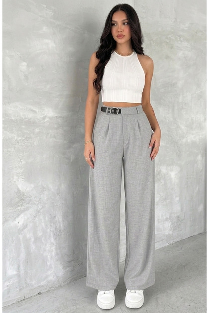 Women's Buckle Detail Fabric Palazzo Pants with Buckle Detail