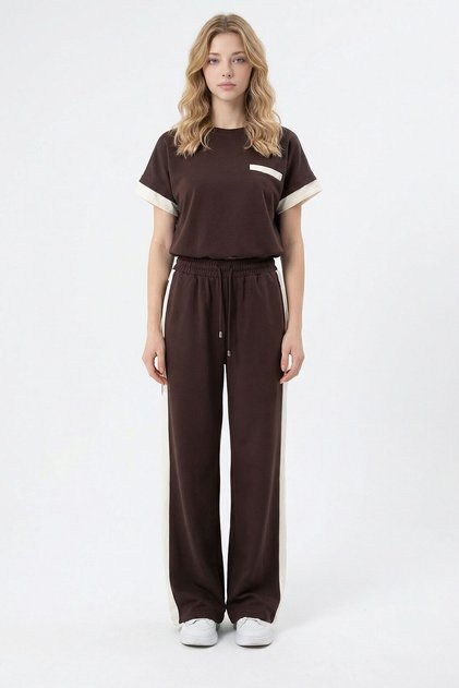 Women's Bitter Brown Color Block Top and Bottom Set with Elastic Waist and Soft Textured Fabric