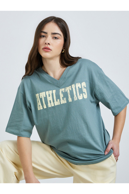 Green Oversized Athletics Print Cotton T-Shirt