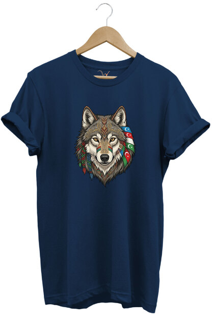 Kurt Turan Printed Turkish States Designed Gray Wolf and Moon Star Basic Regular Fit T-Shirt