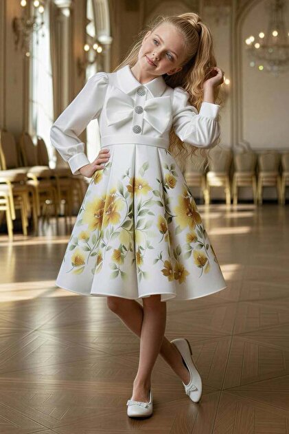 Riccotarz Girl's Ribbon Detail on the Chest, Stone Embroidered Chiffon  Shirt, Yellow Rose B Printed Chiffon Dress- Trendyol