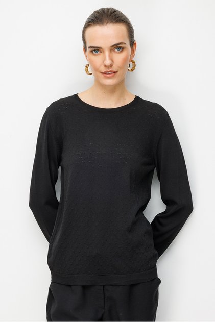 Women's Crew Neck Patterned Long Sleeve Fine Knit Blouse 26351 Black