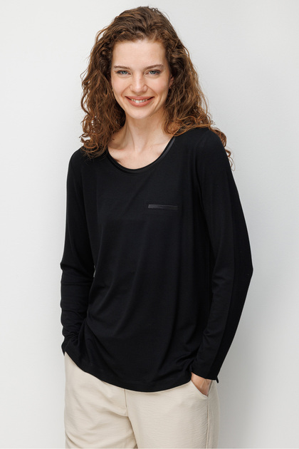 Women's Crew Neck Pocket Satin Striped Combed Cotton Blouse 26832 Black
