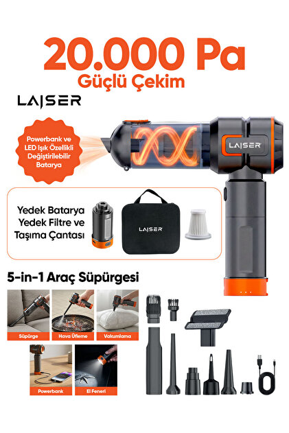 Laiser VT-120 5-in-1 Kablosuz Araç Süpürgesi: 20.000Pa Güç