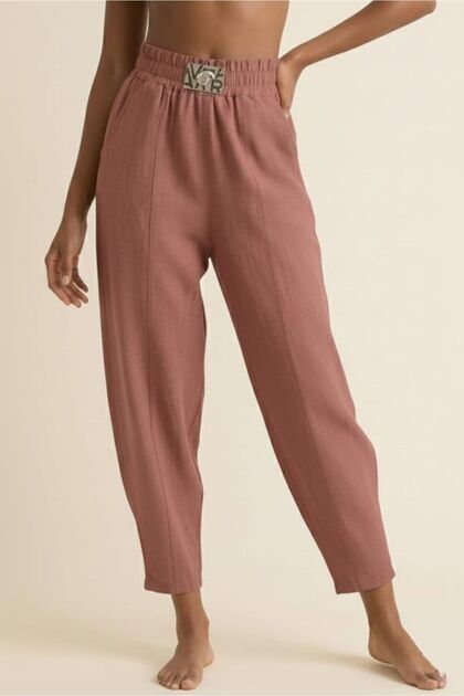 Dusty Rose High Waist Elastic Waist Pocketed Comfortable Summer Linen Women's Baggy Pants Balloon Cut