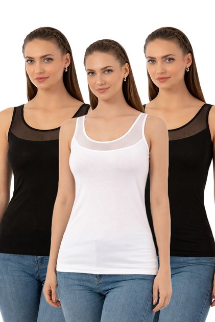 Özkan 20575 3-Pack Women's Cotton Pcs Stretch Fabric Single Jersey Black White Tulle Detail Thick Strap Undershirt