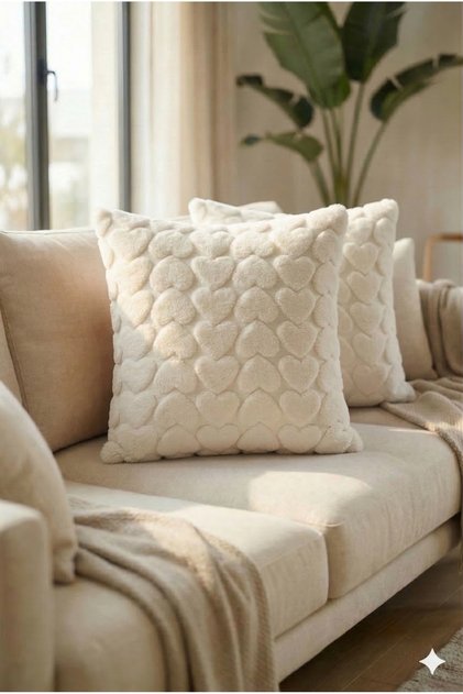 2'li Peluş Kalp Desenli Kırlent Kılıfı 45x45 cm | Fermuarlı Dekoratif Yastık Kılıfı
