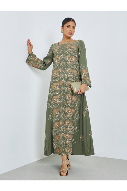 Green Square Neck Embroidered Jalabiya