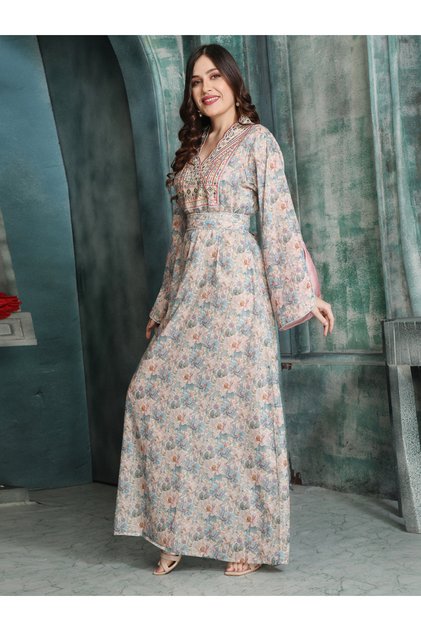 Multi Floral Print Threadwork Yoke Jalabiya