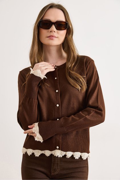 Women's Brown Lace Detailed Fine Knit Cardigan Hrk-19000489