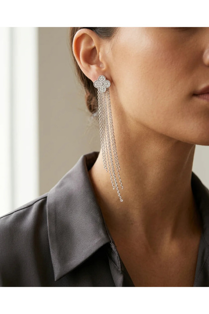 Brass Women's Earrings Vip Silver Color Zircon Stone Clover Cliffer Chain Dangle Vintage Women's Earrings