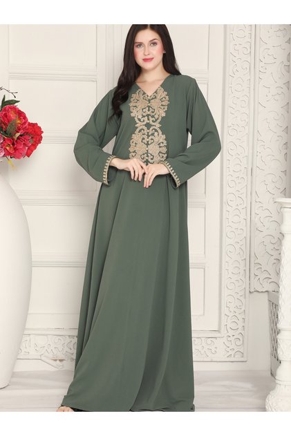 Green V Neck Jalabiya with Doriwork Embroidery