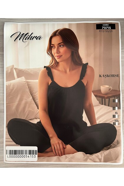 Ribbed Knit Black Ruffled Detail Strappy Set - Bottom Long Top Strappy Women's Pajama Set