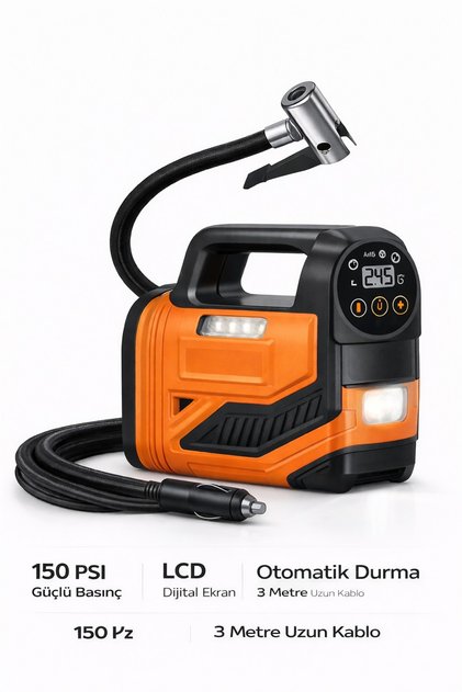 12V Araç Çakmak Girişli 150 PSI Dijital Lastik Şişirme Pompası LED Işıklı Taşınabilir Kompresör