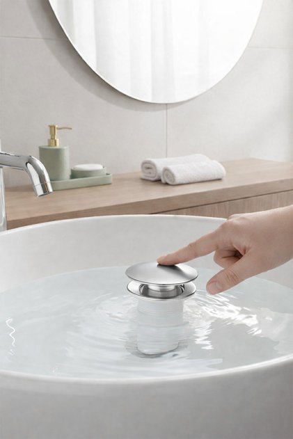 Sink Siphon Head Chrome Push-Open System Sink Center Drain Siphon