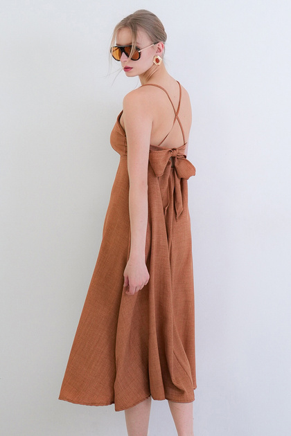 Trend Alaçatı Stili Cinnamon String Strap Tie Back Maxi Length Summer Sofia  Linen Dress Alc-X15333- Trendyol
