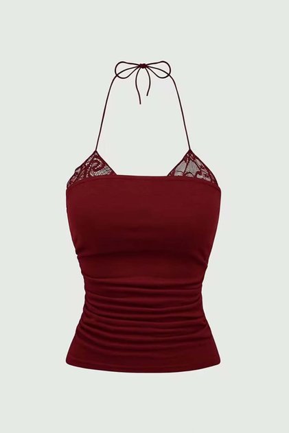 Basic Collar Ek Lace Detail Tie-Detail Y2K Strap Cropped