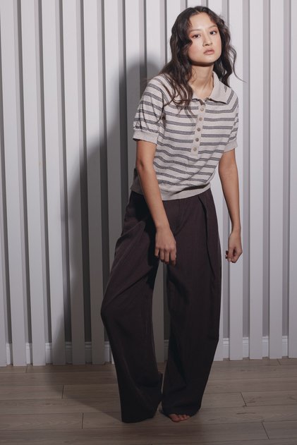 Striped Polo Collar Knitted Blouse
