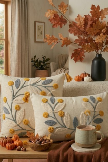 Bohemian Punch Embroidered 2-Piece Set - 100% Cotton Buldan Woven - Tasseled Decorative Cushion Coverlet