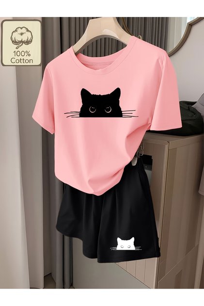 قميص قصير من CAT - طقم بدلة رياضية علوية وسفلية مع شورت B مطبوع رقبة دائرية كبيرة الحجم