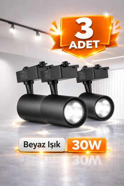 3 Adet Horoz Basra Siyah Kasa Beyaz Işık 30W 6400K Raylı Led Spot Armatür 3'lü