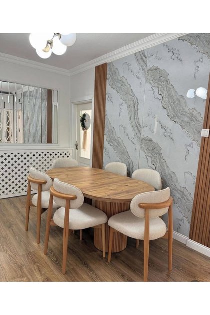 6 AHŞAP SANDALYELİ BOHEM MDF MASA TAKIMI 90X170