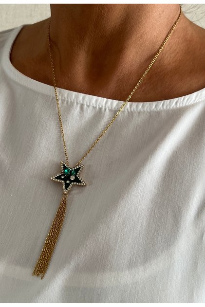 Green Star Tassel Necklace with Steel Chain