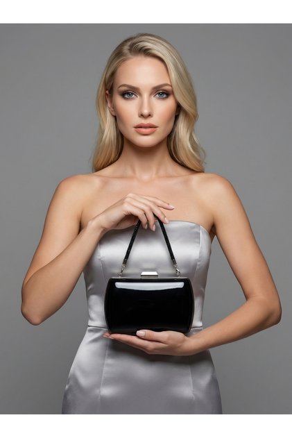 Black Color Luxury Patent Leather Silver Detailed Chain Strap Women's Evening Dress Bag Wedding Engagement Graduation