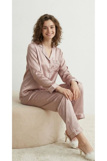 Women's V-Neck, Buttoned, Piped Detail Satin Pajama Set