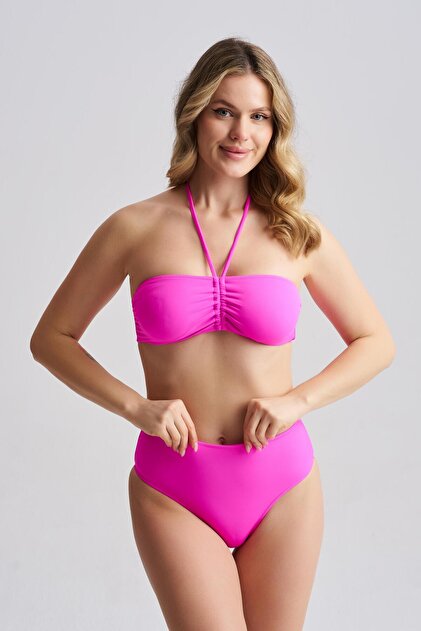 Kadın Adriana Straplez Push Up Boyundan Bağlamalı Bikini Takımı Fuşya