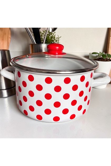Red Polka Dot Piece Enamel Pot with Glass Lid 16 cm 1.5 Liter Retro Design