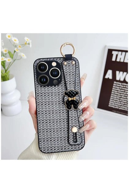 Apple iPhone 15 Pro Max Compatible Case Teddy Bear Detailed Tweed Silicone Case Black