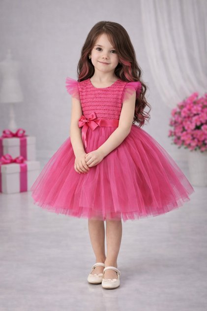 Sleeveless Tulle Girls Evening Dress Party Dress Silvery Fuchsia Color