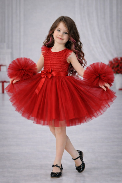 Tulle Piece Girls' Evening Dress with Sleeves, Party Dress with Pompoms, Silvery